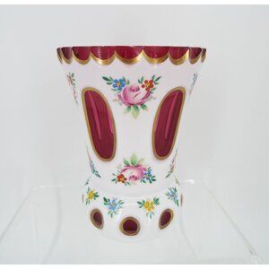 Vintage Bohemian Czech Cased White Overlay Cut to Cranberry Glass Floral Vase 5"